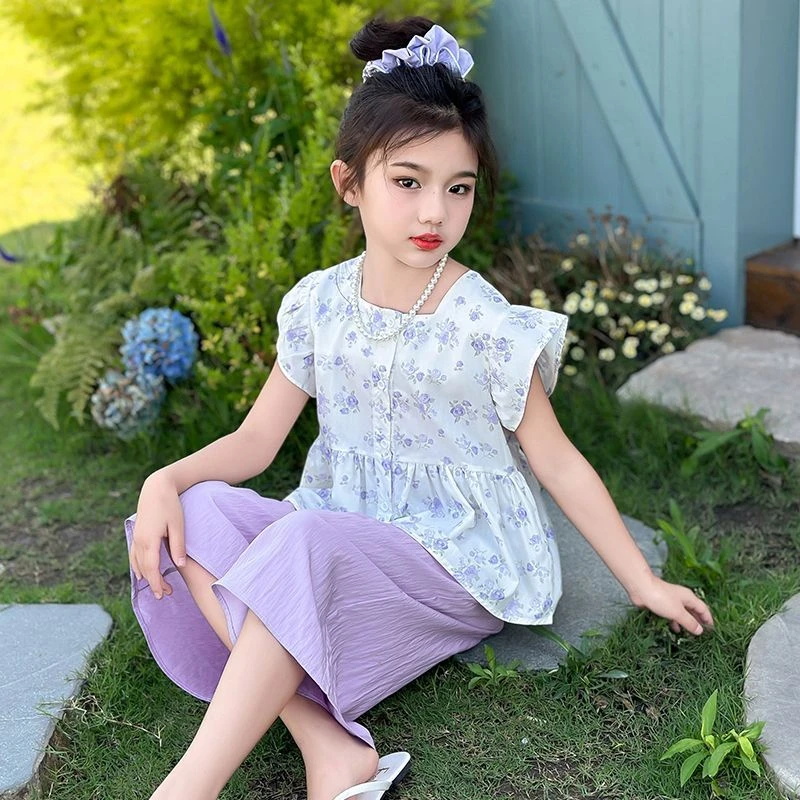 女童夏季套装新款洋气时髦儿童装无袖碎花娃娃衫韩系女童公主裙