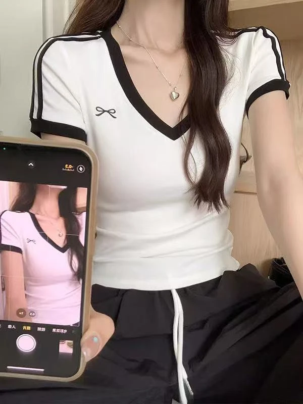 黑白撞色条纹设计感纯欲短袖夏V领正肩t恤女修身短款露脐上衣学生