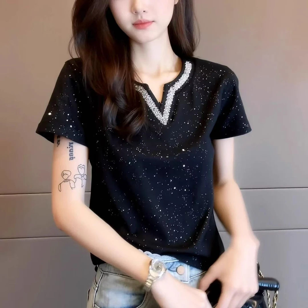 欧货时尚设计满天星重工烫钻V领收腰显瘦短袖棉T恤2025夏女25857#