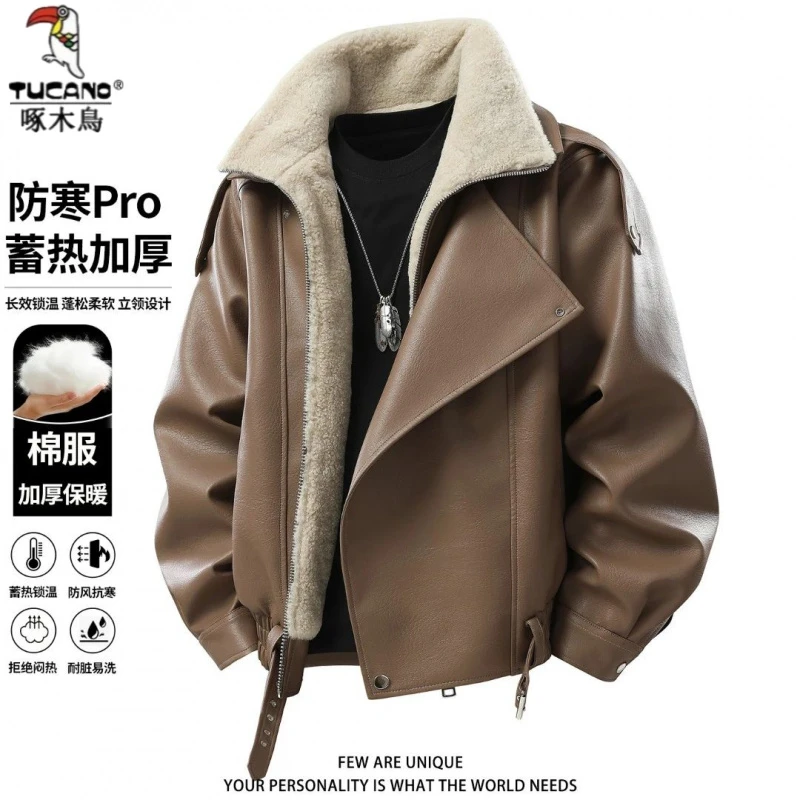 啄木鳥美式复古PU皮棉衣男冬季加绒加厚潮牌痞帅高级机车棉服外套