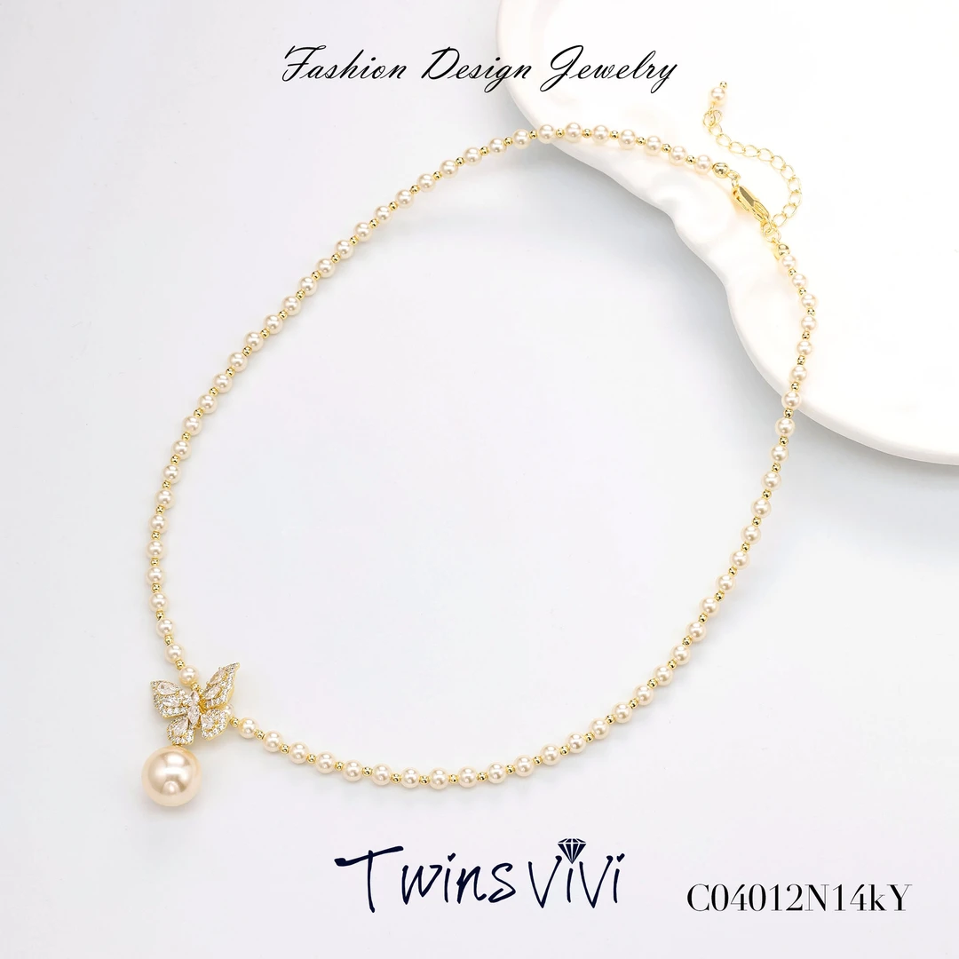 铜合金仿珍珠项链 Twins VIVI  满镶蝴蝶间隔珠珠项链 C04012