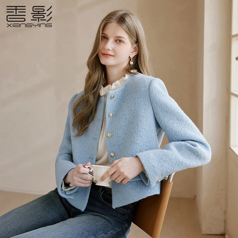 【籽言专属】F95W616毛呢外套香影蓝色小香风外套女秋季新款圆领