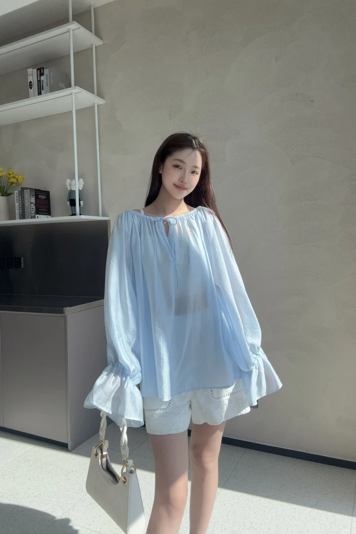 WIWH上衣｜『鑫鑫专属』仙女气质百搭泡泡袖长袖雪纺衫1E475