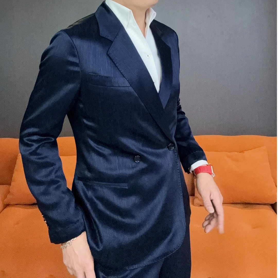 男士男款暗条纹醋酸藏青蓝套装西服西装冰凉修身透气质感高定轻奢