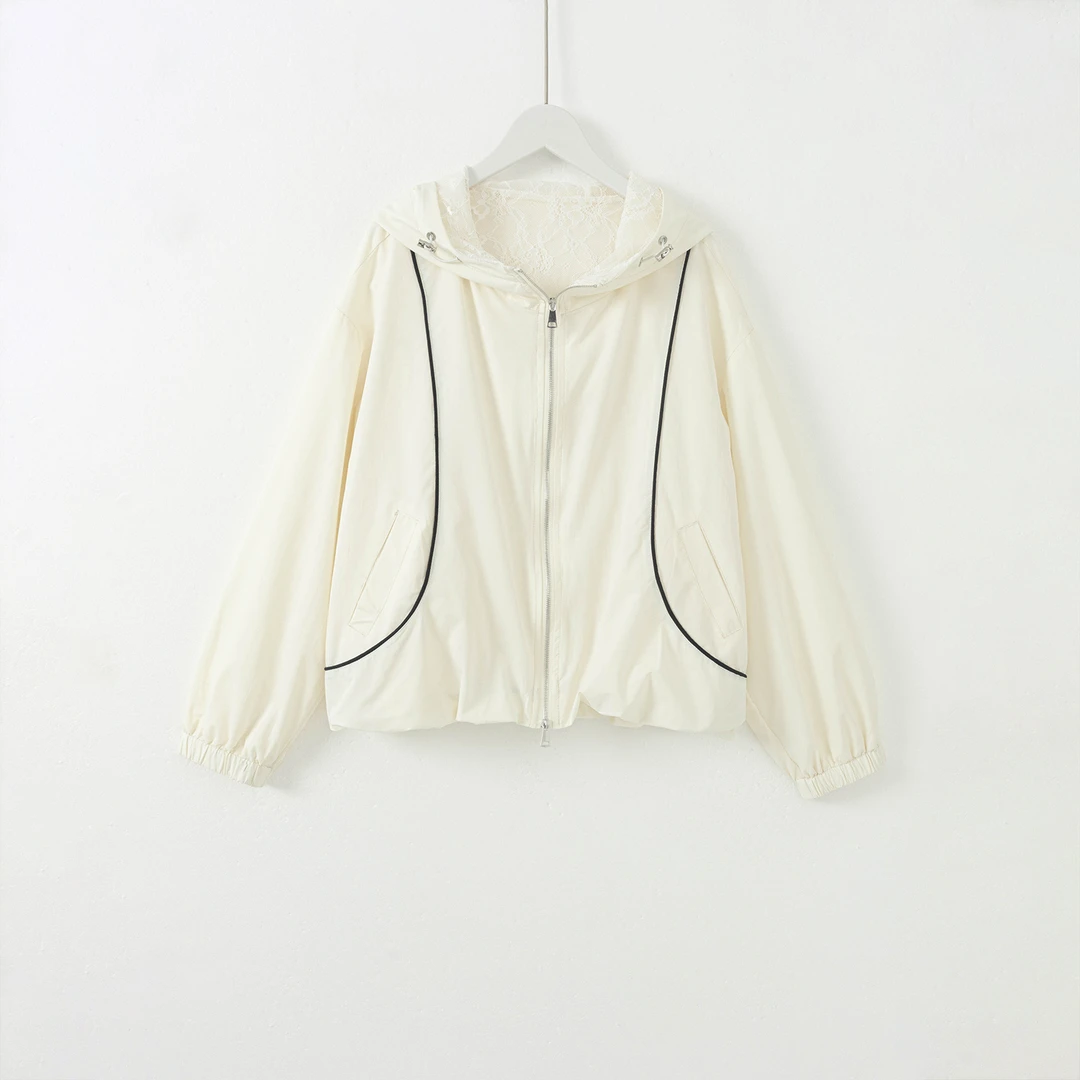 几里与麻 百搭休闲蕾丝拼接连帽外套 衣长58 胸围126 2032348