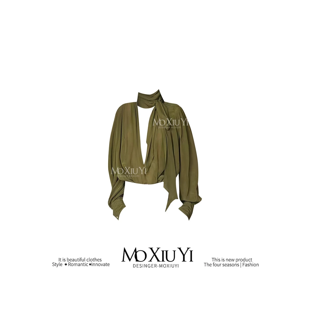 MoXiuYi 绿色T恤女士宽松薄款设计感小众正反两穿V领飘带长袖上衣