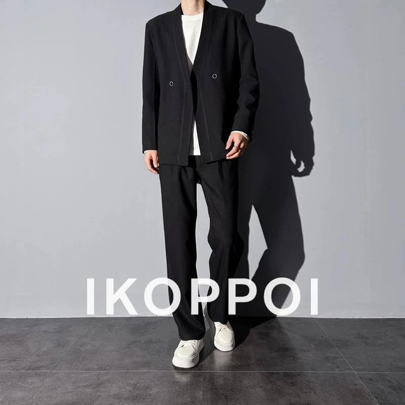 IKOPPOI莱德的搭配无领西服套装男士秋季简约纯色休闲西装两件套