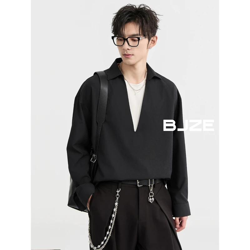 [假两件设计感]BJZE男装春夏季T恤定织长袖衬衫宽松上衣X511025