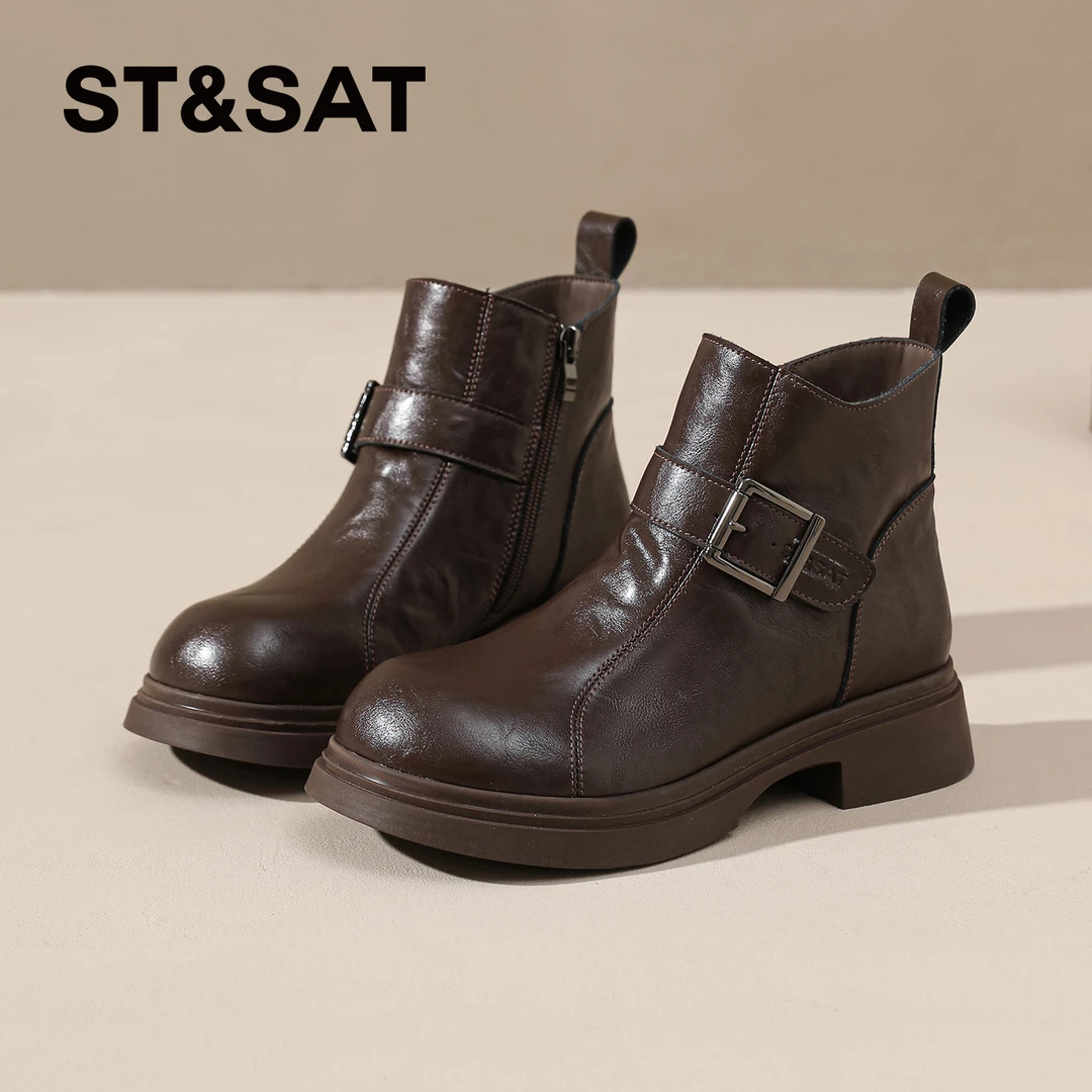星期六金属扣切尔西靴女款2025秋冬季新款短靴加绒英伦风马丁靴女