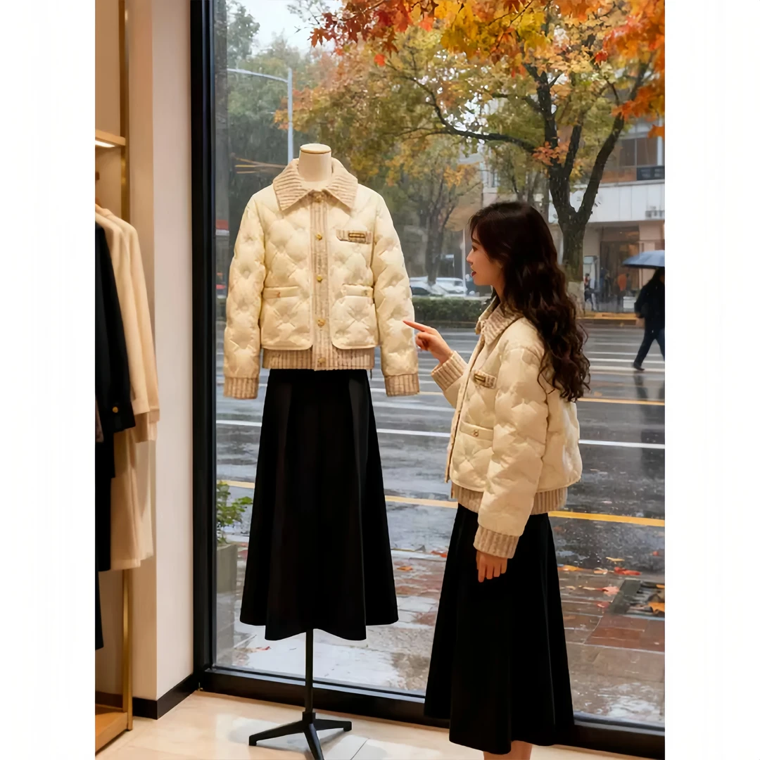 小香风重工设计感彩色针织拼接棉服女秋冬季新款夹棉保暖加厚外套