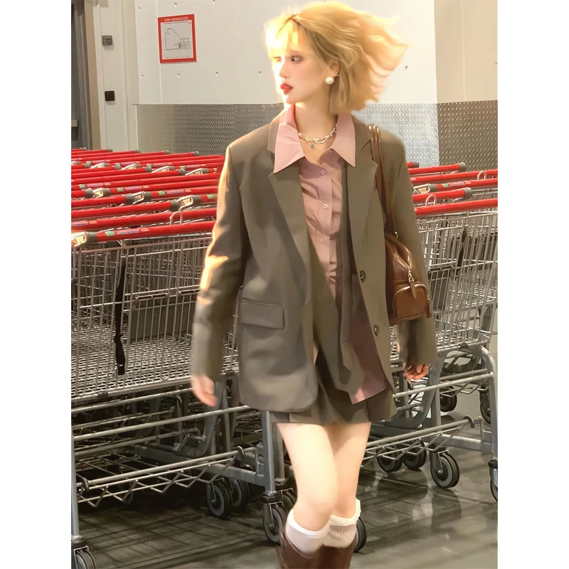 2025秋季新款韩版学院风时尚套装修身长袖西装外套高腰百褶裙短裙