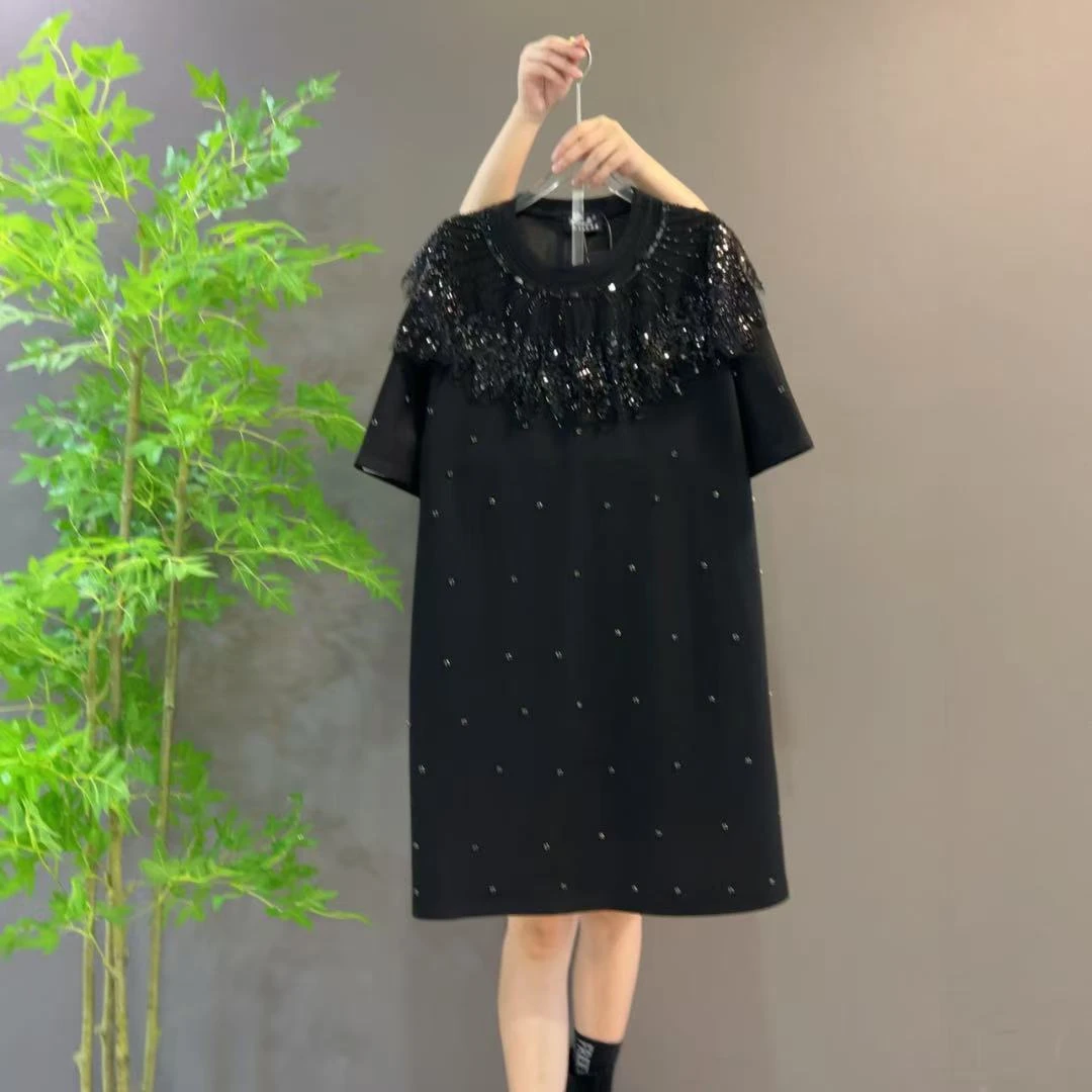 25219欧货时尚重工钉珠串珠亮片轻奢气质显瘦短袖连衣裙