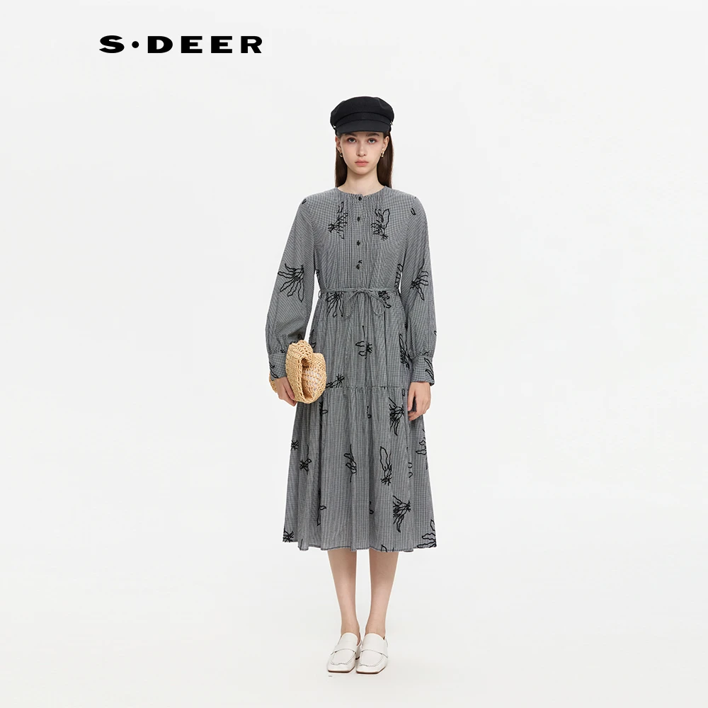 S·DEER圣迪奥女装长袖长裙显瘦气质裙子轻奢时尚女士长款连衣裙