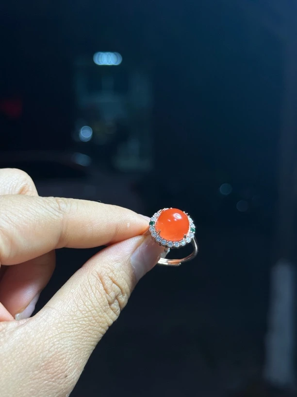 南红玛瑙冰粉925银戒指