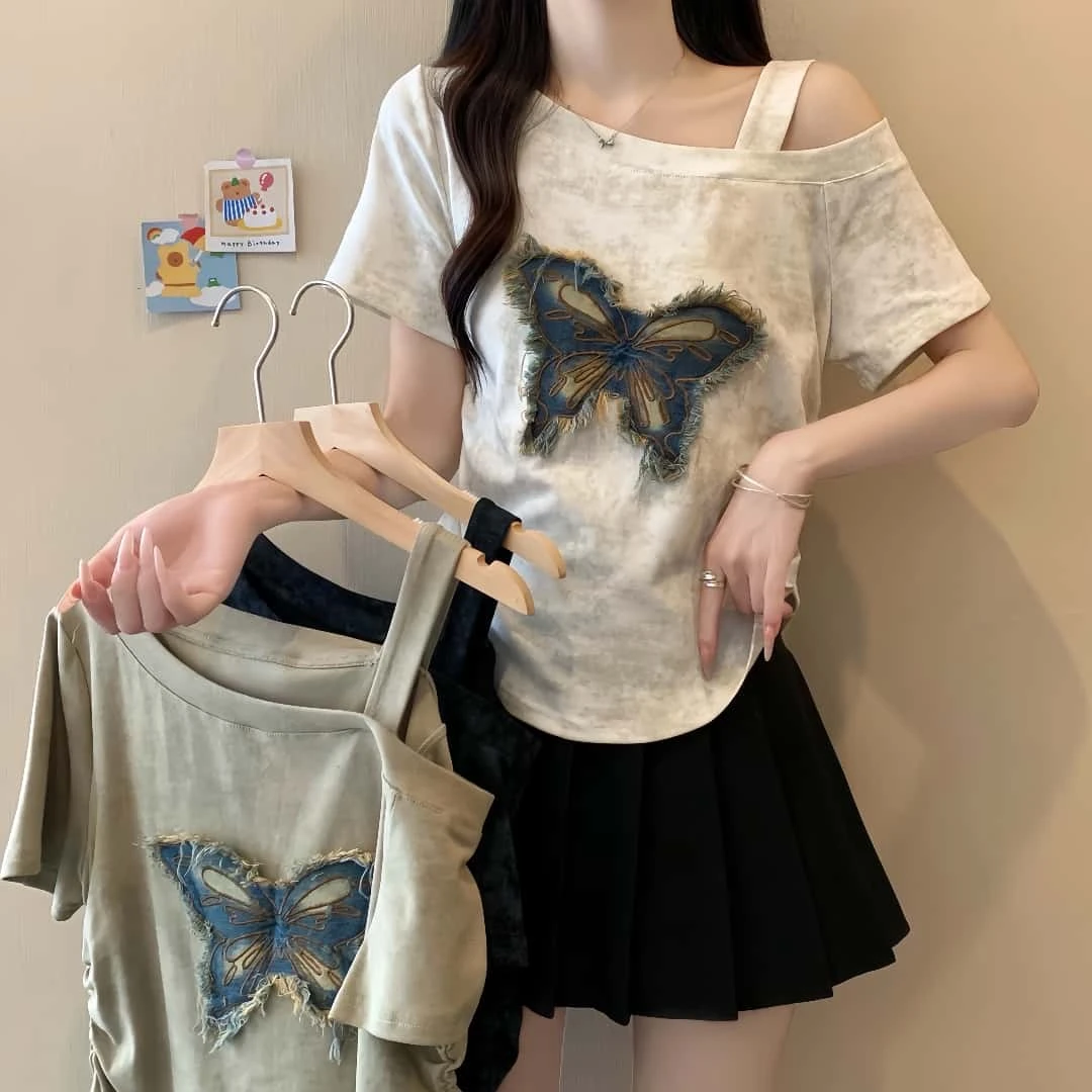 2025夏季新款大码女装扎染蝴蝶贴片露肩T恤上衣甜美可爱风格衣服