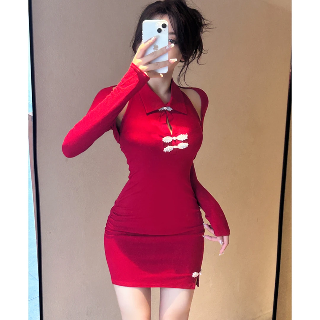 性感黑色修身包臀秋季新品挂脖纽扣下摆开叉连衣裙套装披肩小外套