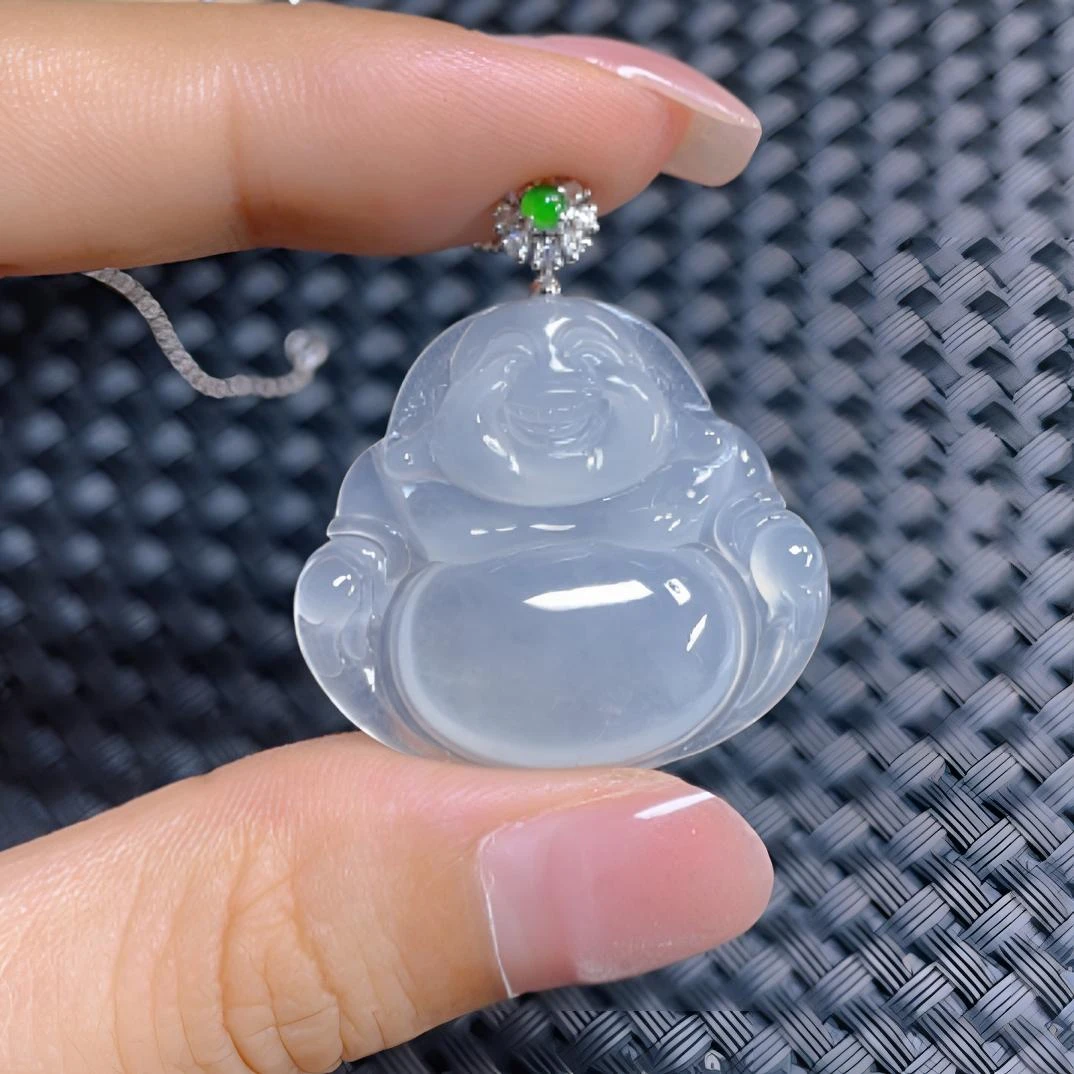 缅甸翡翠佛公吊坠冰种飘花吊坠天然A货玉佛大肚笑佛弥勒佛玉坠