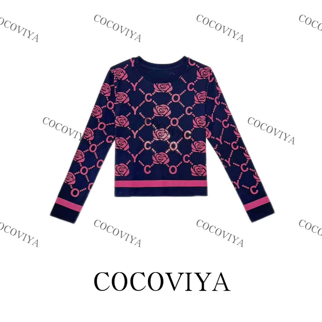 【CC】COCOVIYA玫瓣缀纹字母织梦长袖T恤遮肉显瘦休闲上衣26C-856