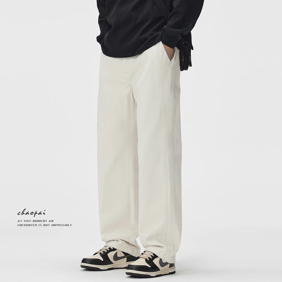 纯棉休闲裤男士2025春秋新款美式潮牌垂直感纯色百搭直筒长裤子