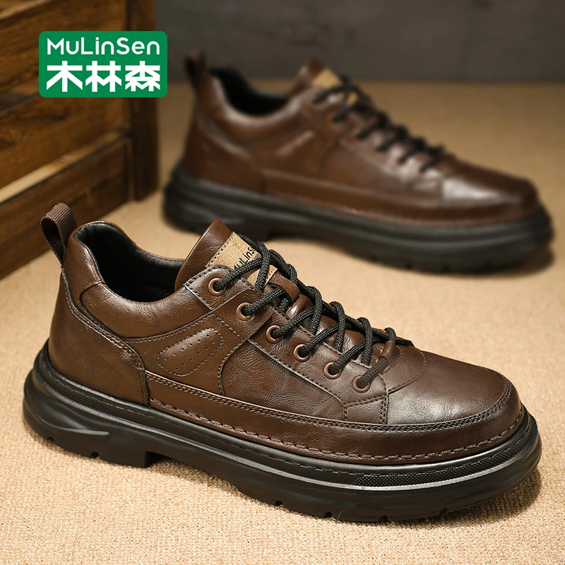 木林森皮鞋男款2025新款秋季英伦风休闲男士板鞋厚底耐磨百搭潮鞋