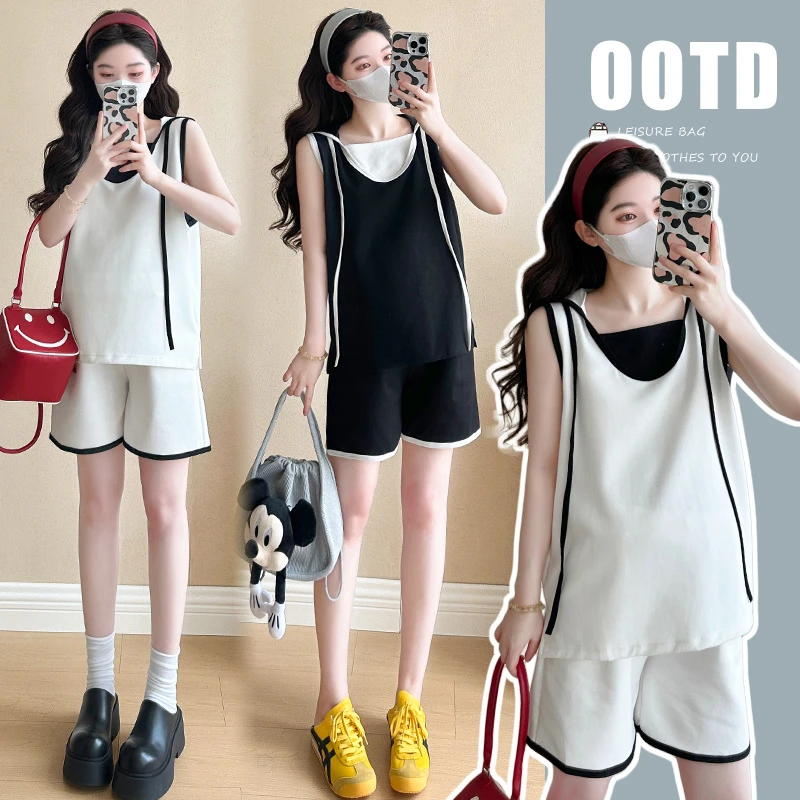 孕妇装套装夏季新款韩版时尚显瘦连帽拼接假两件上衣短裤两件套女