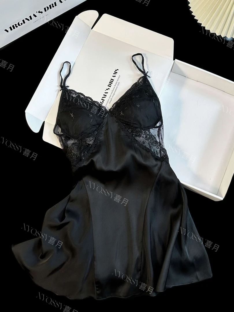 墨娆带胸垫睡衣女士性感蕾丝露背诱惑吊带睡裙冰丝薄款轻奢家居服