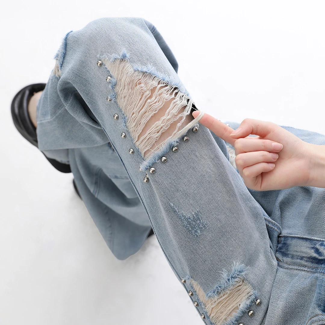 i.tccaabb款铆钉设计破洞牛仔裤街头款宽松阔腿裤CABJNX0007920