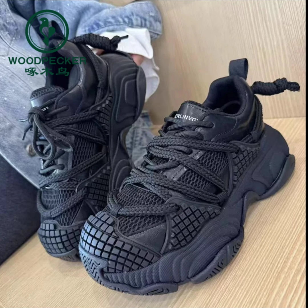 啄木鸟老爹鞋2025春季新款女鞋厚底网面休闲百搭时尚圆头绑带潮鞋