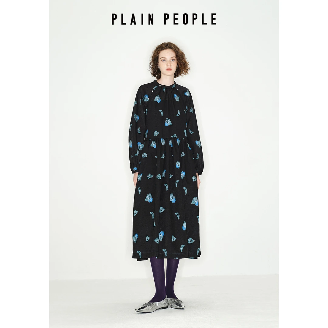PLAIN PEOPLE国风新中式复古提花连衣裙女2025秋款长袖黑色裙子