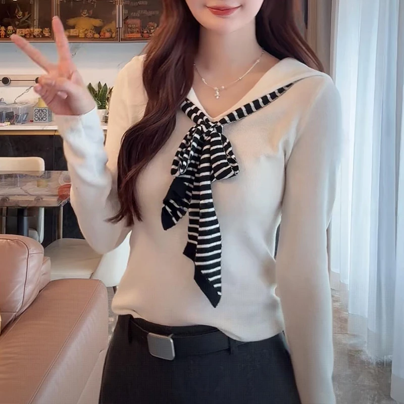 时髦洋气减龄海军领长袖针织衫2025春秋新款网红洋气炸街女装上衣