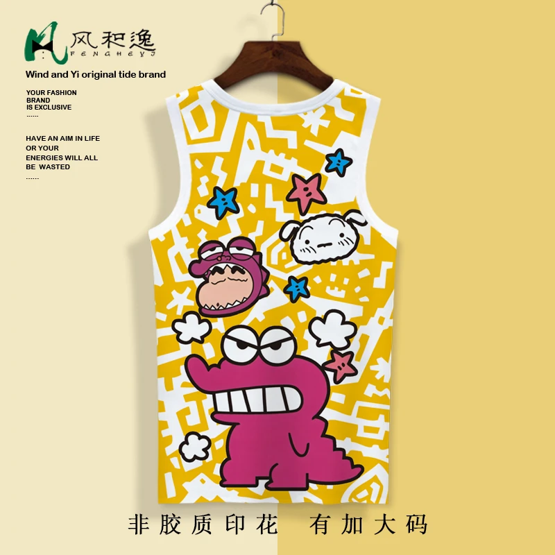 2025新款无袖T恤男蜡笔小新恐龙卡通印花背心oversize夏季薄坎肩