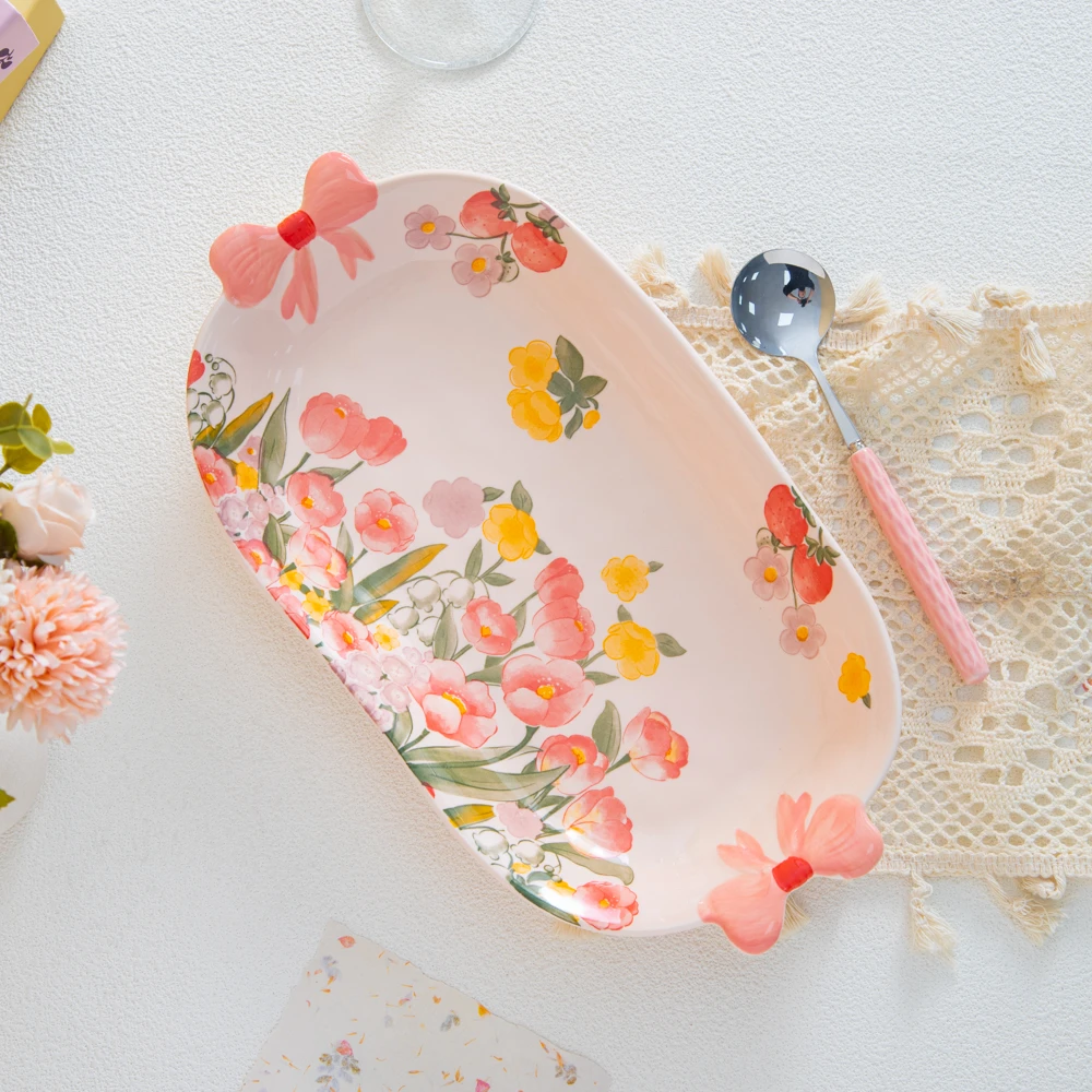 家用陶瓷餐具美二烧彩虹系列13.5英寸双耳蝴蝶结鱼盘(1个装)