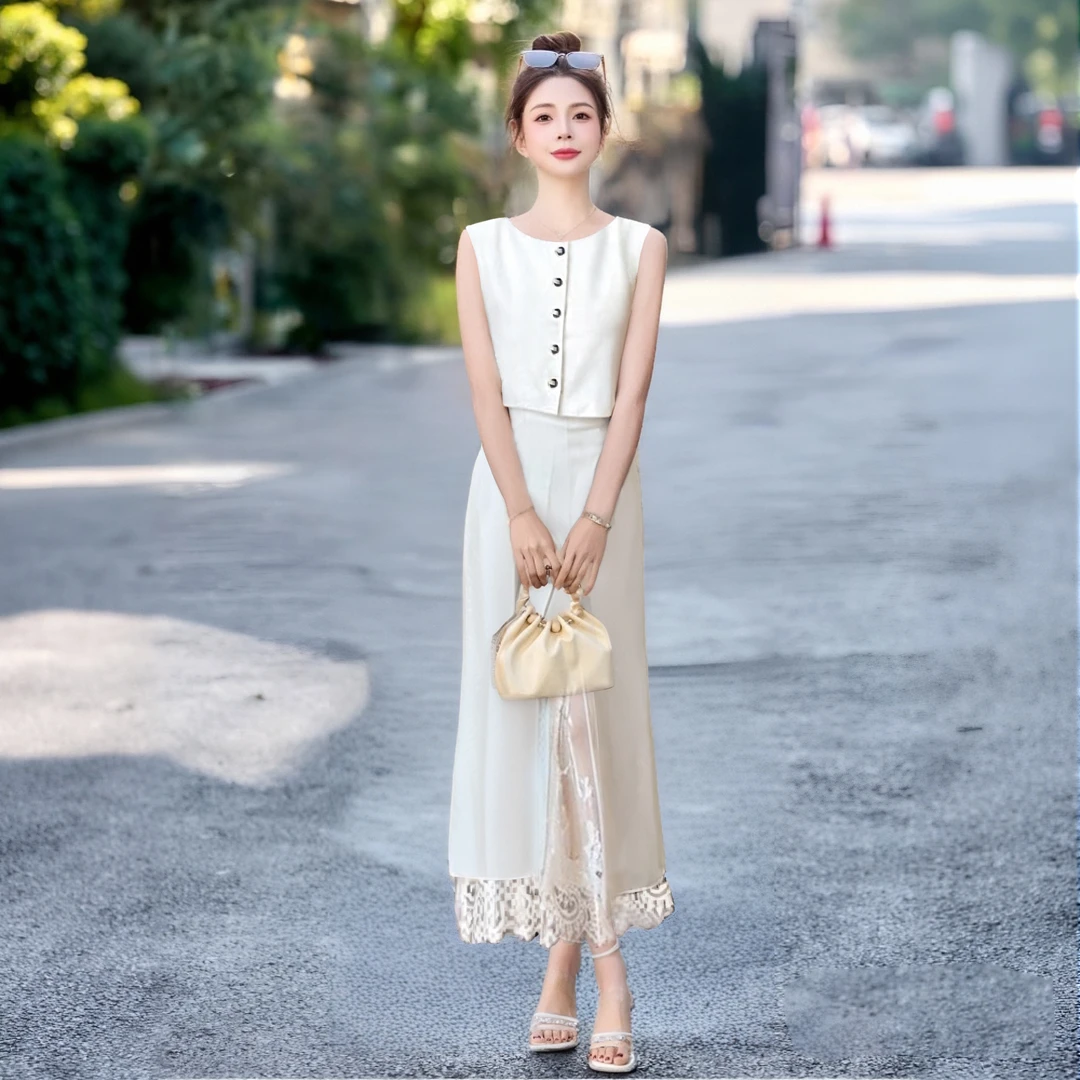 A【两件套】2025夏季新款法式气质上衣蕾丝拼接半身裙两件套D2389