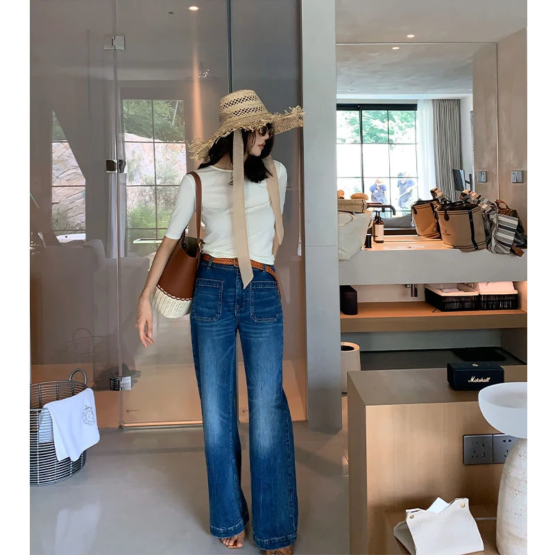 【ALONE SAVOR】龍喜儿 洗旧风 复古蓝色高腰水洗直筒牛仔裤Z337