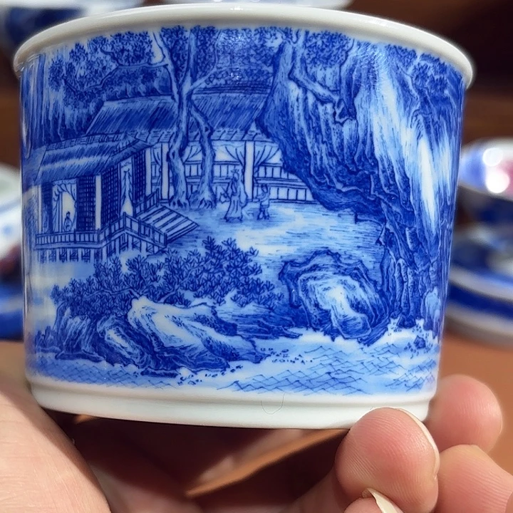 *****青花手工手绘山水容天杯