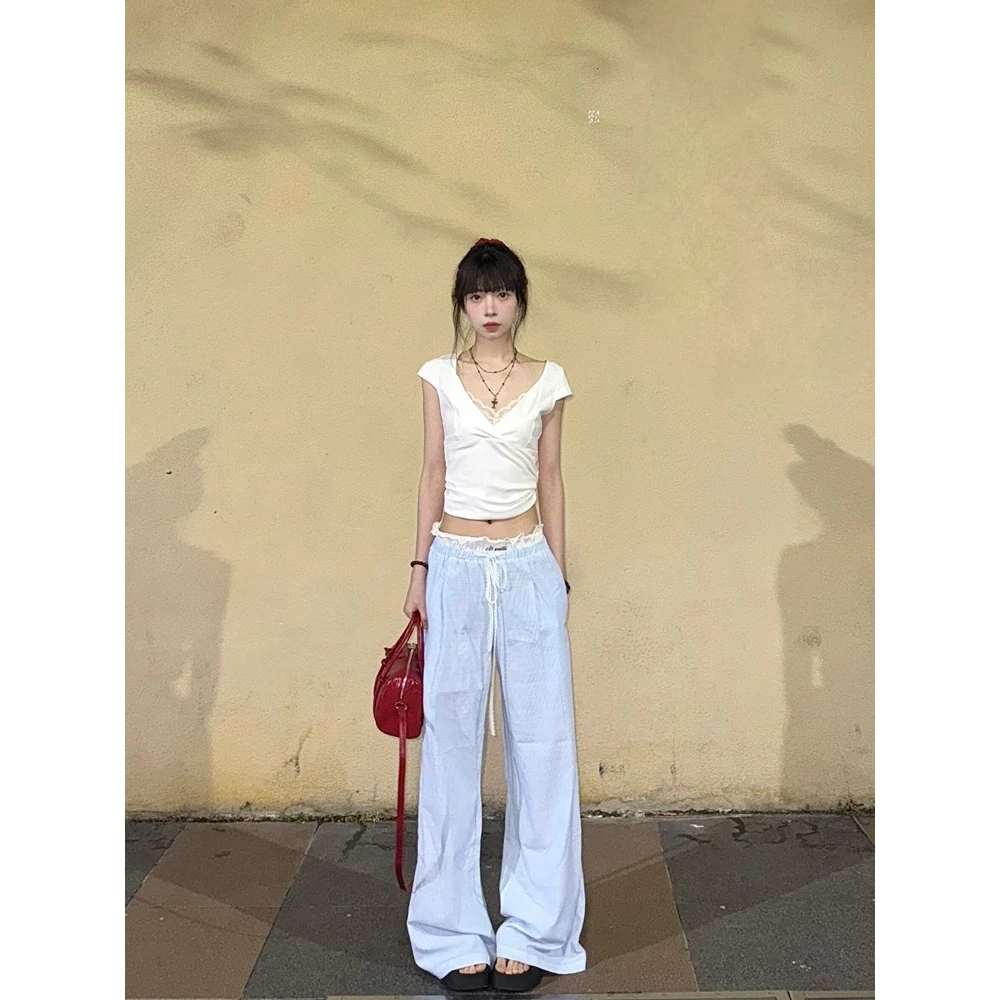 韩系蓝色假两件蕾丝拼接休闲裤女夏季宽松垂感欧若风阔腿条纹长裤