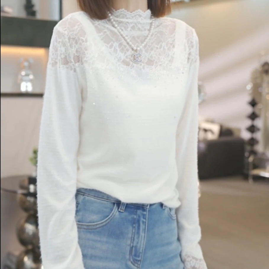 时尚百搭简约轻奢蕾丝衫女2025秋季新款洋气设计感长袖打底上衣