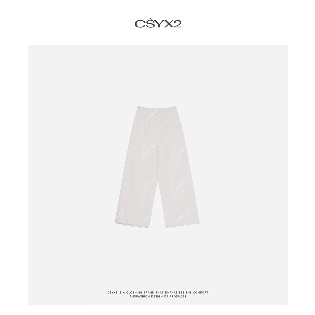 CsyX2-2025S/S早春新款“山茶花”100%亚麻休闲花边裤CZ5CK016