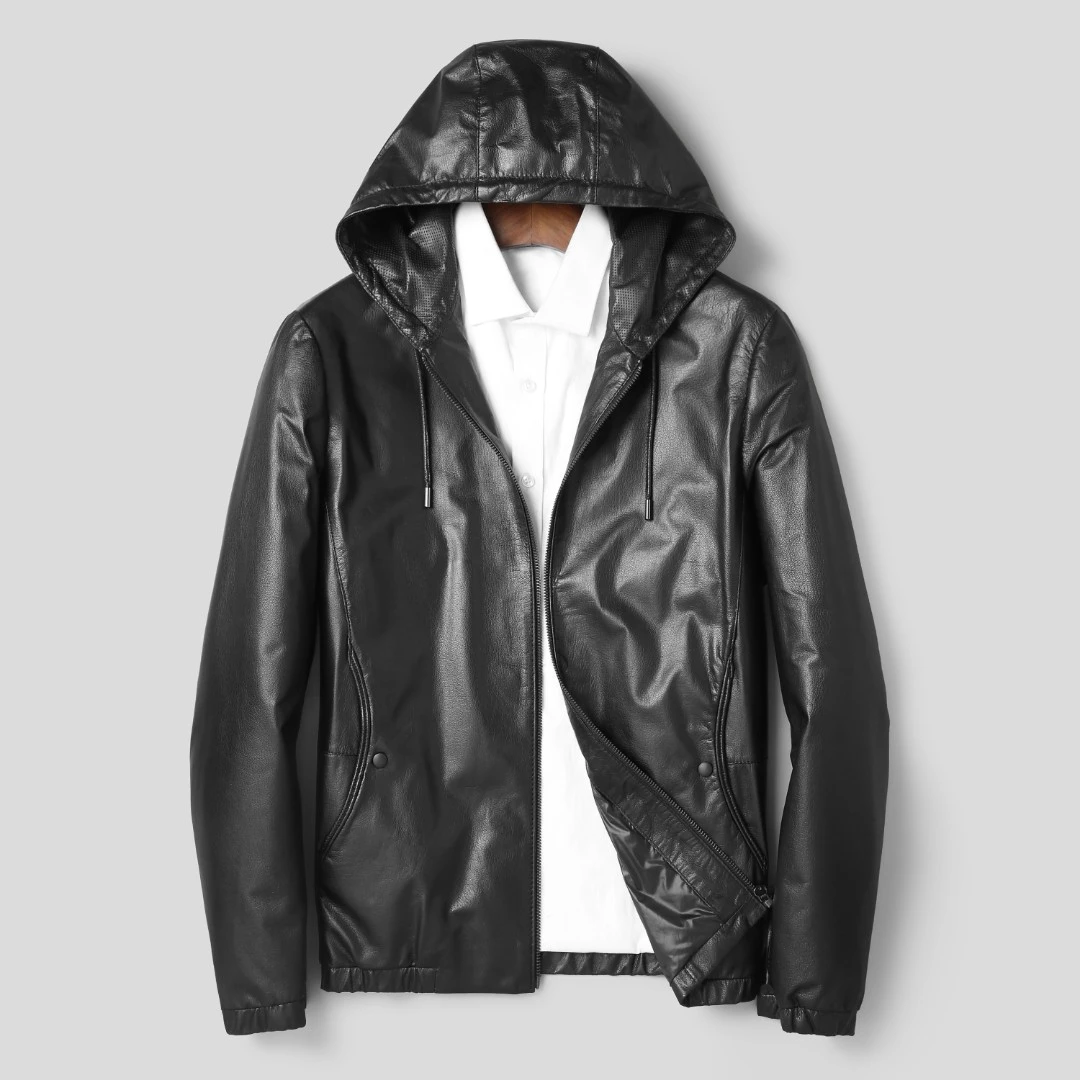 919-E海宁头层牛皮真皮皮衣 90白鹅绒短款休闲男士连帽皮夹克外套