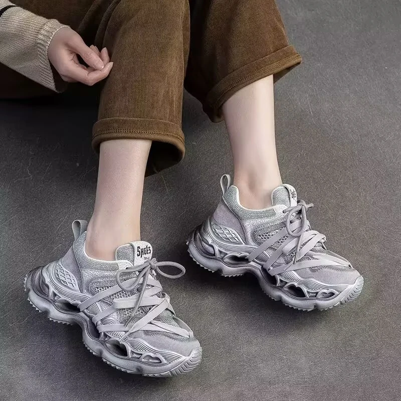 真皮松糕厚底复古风网面老爹鞋女2025春夏新款透气镶钻运动休闲鞋