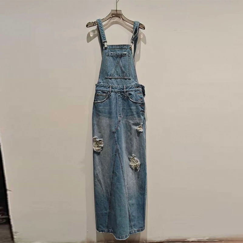 JIAXINXQING秋冬新品复古破洞时尚潮流设计师款背带裤连体裤女装