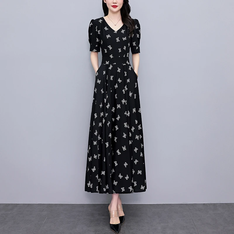 2025夏季新款高档印花碎花连衣裙大码胖收腰显瘦遮肚长裙