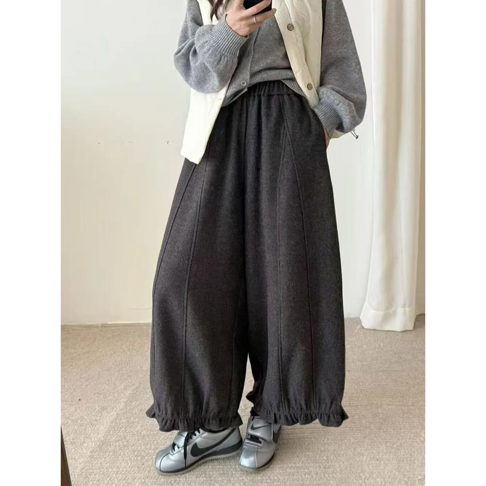韩版松紧腰木耳边设计阔腿裤女秋季高级感洋气宽松休闲呢子直筒裤