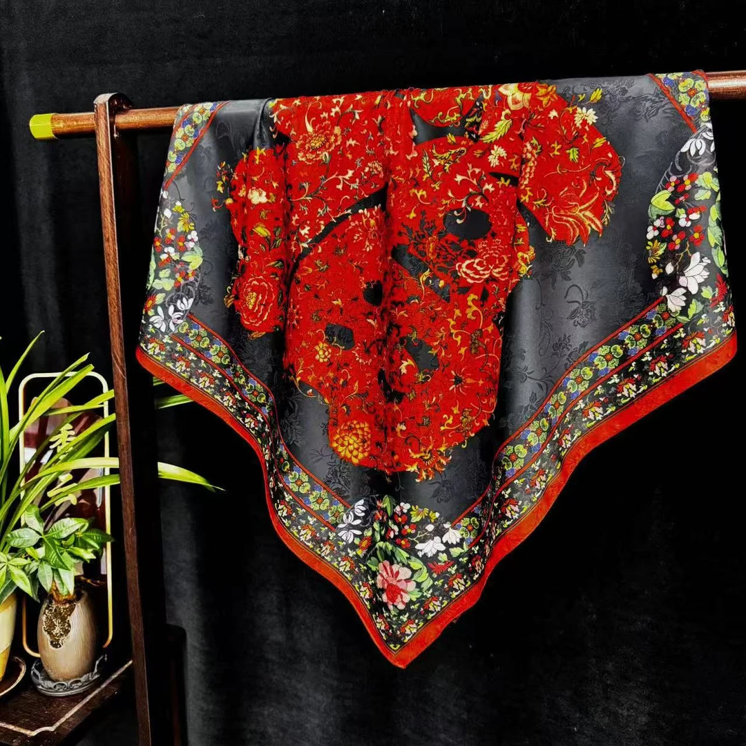 【繁花彩福】花萝新中式香云纱方巾国风披肩丝巾70*70（610-A）