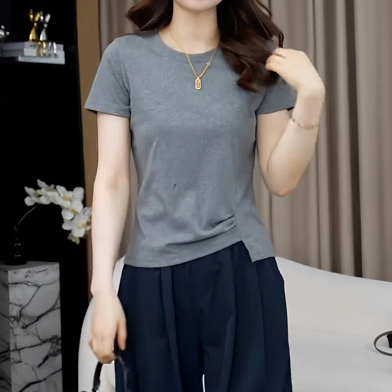 高含棉韩版休闲短袖t恤女2026夏季新款宽松显瘦圆领褶皱拼接上衣