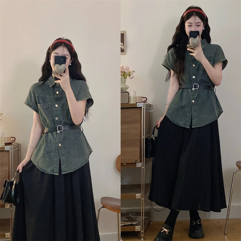 【运费补贴】夏季时尚高腰显瘦气质牛仔衬衣半裙套装（送腰带）