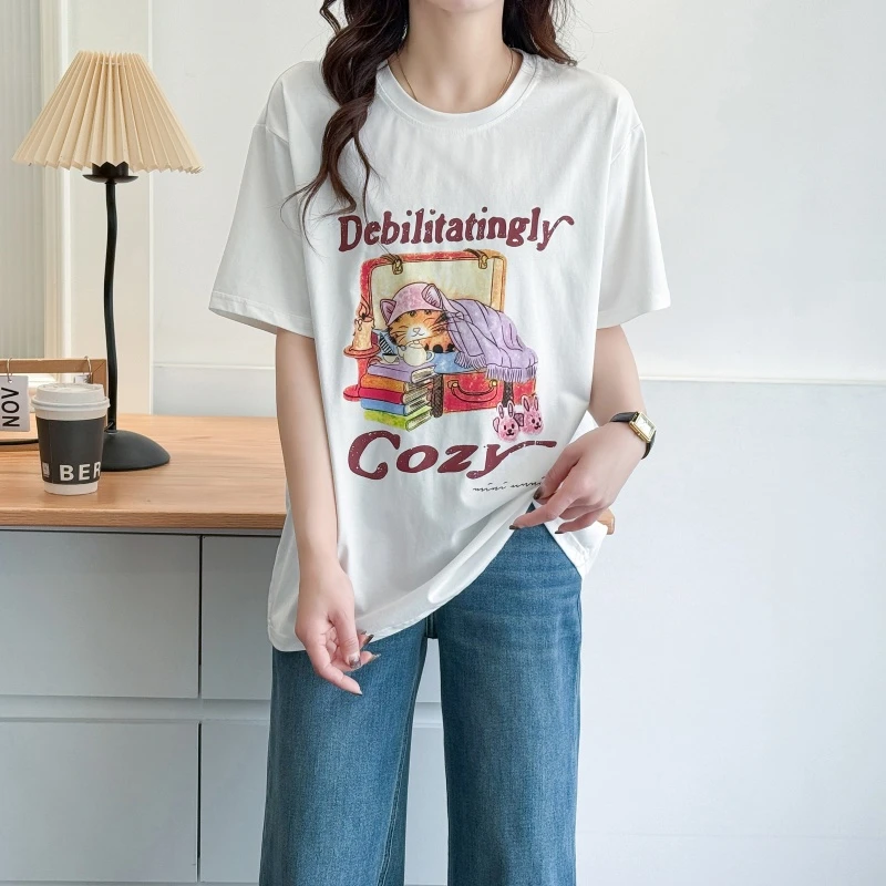 大版圆领印花短袖t恤女胖mm 新款爆款夏季小众设计感宽松显瘦上衣