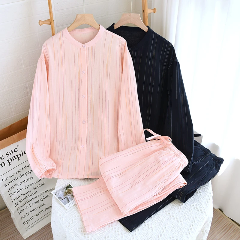 春秋长袖睡衣女士春夏时尚休闲宽松条纹纯棉双层纱布家居服套装