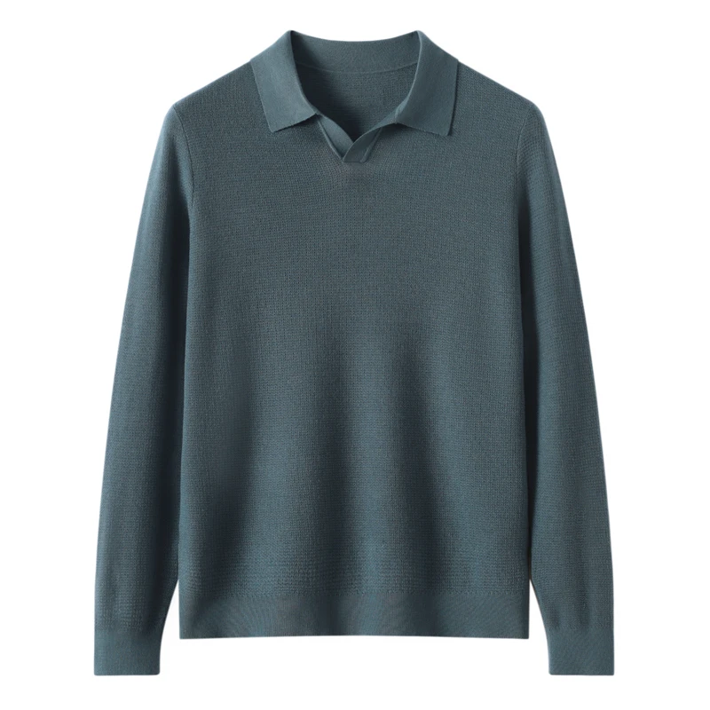 春秋款含山羊绒桑蚕丝长袖衬衫 新款男士纯色剪刀领针织打底衫