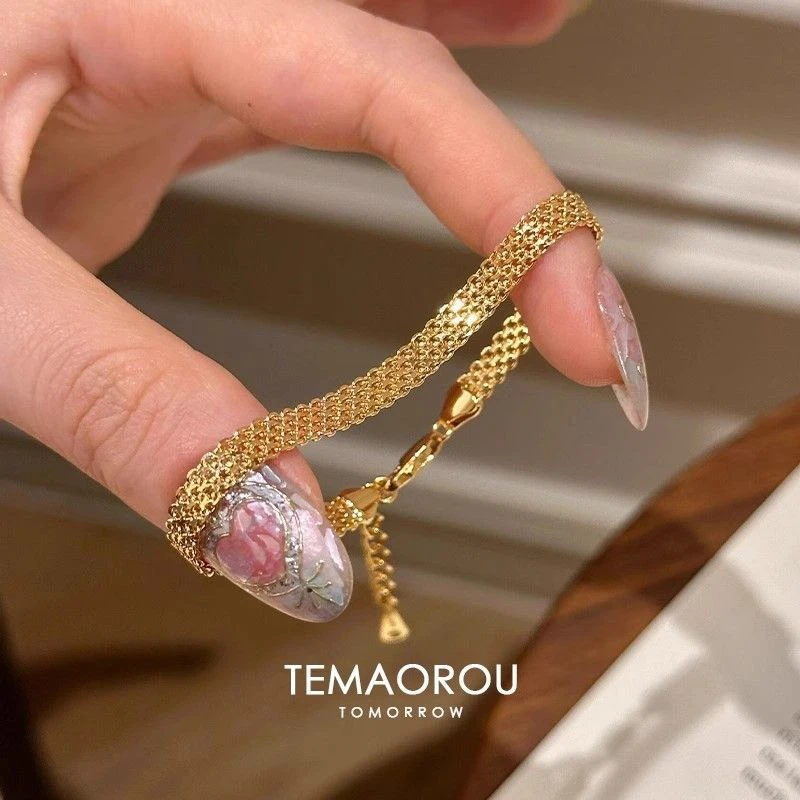 钛钢涤纶手链 钛钢不掉色!中古编织金色手链女新复古轻奢高级手饰